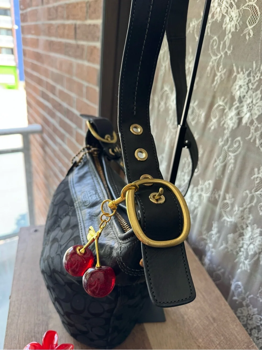 Coach Black Signature Monogram Shoulder Bag with Cherry Charm